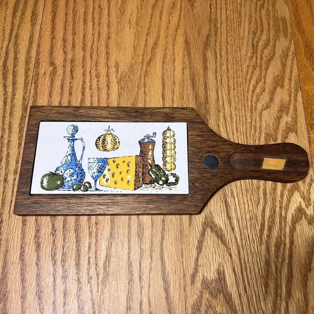 VTG Mid-Century Teak Cheese Board with Ceramic Tile Insert Retro Charcuterie